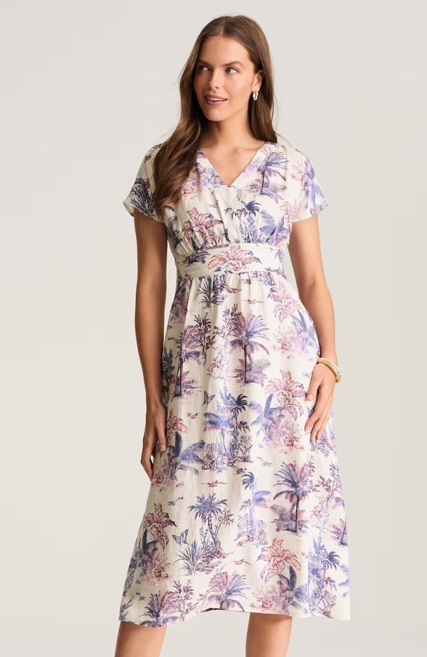 J Jill Printed Linen Midi Dress Medium Pale Rose Vintage Toile Floral Butterfly